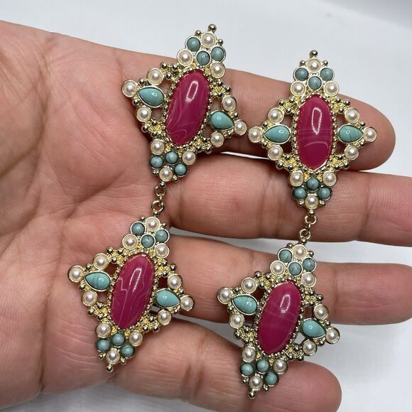 BaubleBar Gold Tone Turquoise Blue White Mauve Cabochon Dangle Earrings Bold - Picture 3 of 7